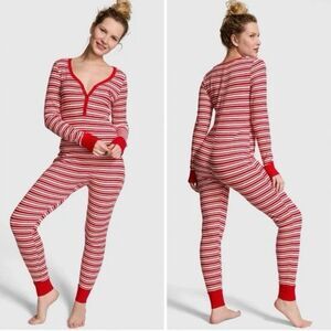 Victoria's Secret PINK Thermal Long One Piece Bright Vermillion Stripes XL NWT